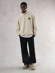 DAZY Textured Fabric Pullover Sweatshirt With Half-Zip Design For Men, Beige, Autumn - Light Khaki - View 7