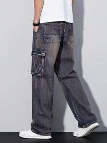 Manfinity Hypemode 男士休闲水洗翻盖口袋直筒牛仔裤，秋季款 - 彩色 - 查看 4