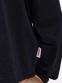 SUMWON 纯色印花宽松长袖圆领T恤，休闲舒适街头风 - 黑色 - 查看 6