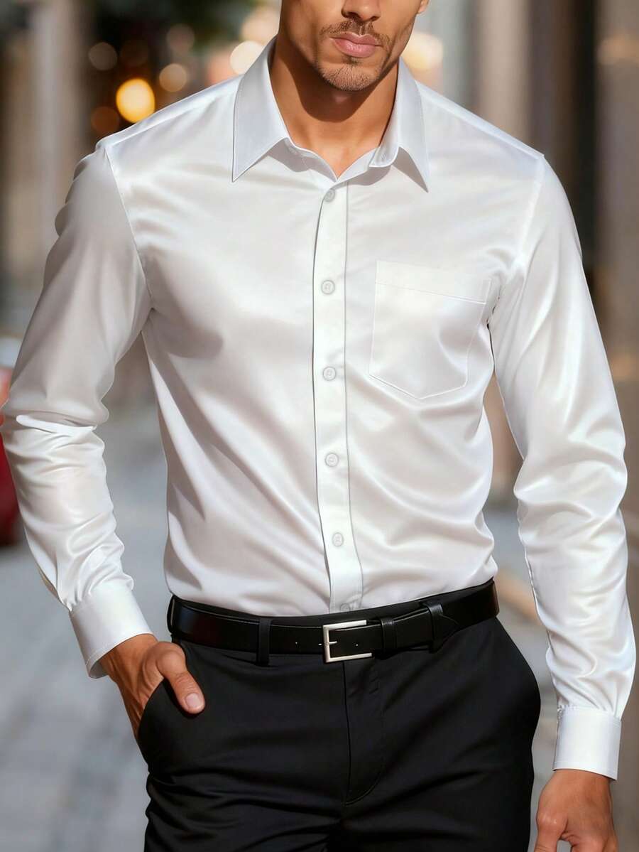 Manfinity Mode 男士商务休闲胸带设计斜纹长袖衬衫 - 白色 - 查看 1