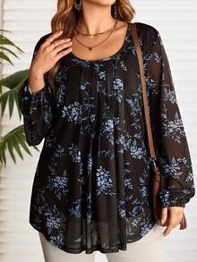EMERY ROSE Plus Size Women Floral Print Round Neck Long Sleeve Black Blouse Top, Autumn/Winter,Going Out,2025 New,Simple And Fashionable For Everyday Wear, Winter,Comfortable And Breathable,Christmas,New Year,Thanksgiving, Tunic Blouse