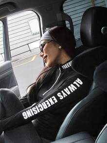 Dewbera Sudadera deportiva casual diaria para correr y yoga con cuello alto, contraste de color, cremallera personalizada, luminosa y reflectante, con estampado, agujero para el pulgar y manga larga para mujer en otoño/invierno - Negro - Ver 7