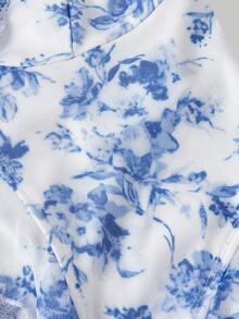 SHEIN MOD Áo kiểu cổ yếm màu trắng và xanh lãng mạn với họa tiết hoa, viền ren xếp nếp và hoa 3D, thích hợp cho nữ đi xem hòa nhạc, dự tiệc, đi chơi hoặc đi biển. - Xanh và trắng - Xem 6