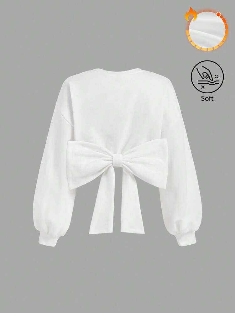 SHEIN MOD Women White Long Sleeve Casual Sweatshirt With Large Back Bow, Back To School, White Top, Preppy Tops, Women Sweatshirts In Fall/Winter - White - View 1
