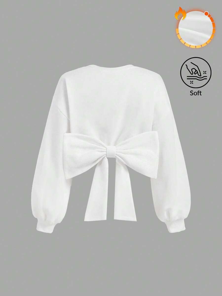 SHEIN MOD 女式白色长袖休闲运动衫，后背大蝴蝶结，返校季，白色上衣，学院风上衣，秋冬女式运动衫 - 白色 - 查看 1