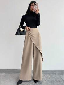 Firerie Women's Elegant Casual Office Commute Pants, Apricot/Khaki Solid Bamboo Texture Fabric, Loose Wide Leg Wrap Skirt Pants, Autumn/Winter New Women's Pants, Apricot Long Pants, Casual Home Long Pants, Elegant Pants, Winter Clothes For Women, Fall Outfits - Apricot - View 8