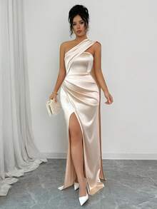 Selianne 法国时尚女式不对称肩部荷叶边腰部褶皱 A 字高开衩连衣裙，百搭优雅，适合生日派对、宴会 - 香檳色 - 查看 5