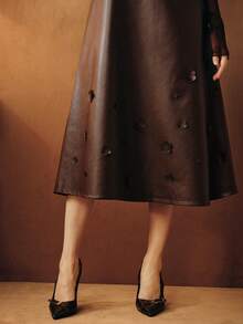 Anewsta 优雅复古高端时尚3D花卉装饰A字棕色半身裙，百搭 - 棕色 - 查看 2