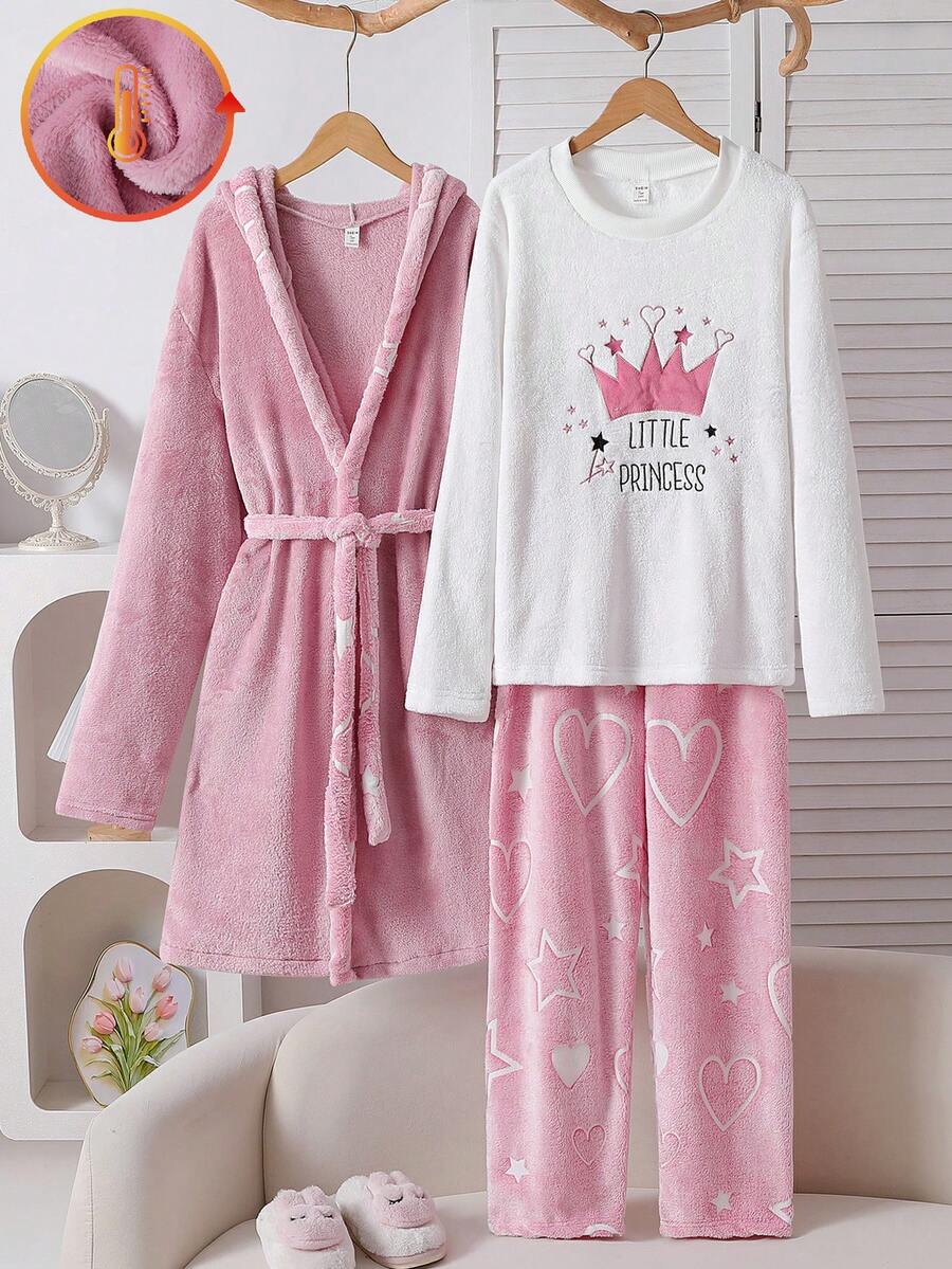 Winter 3pcs Teen Girls Crown Print Pajama Set, Pink Long Pants & Long Sleeve Top - Pink - View 1