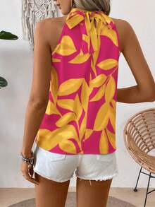 Breezaya 休闲 - 度假休闲 - 现代休闲 随机印花露背叶子蝴蝶结衬衫 - 黃色 - 查看 2