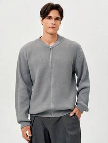 RONVEXI Men's Solid Color Long Sleeve Casual Knitted Cardigan, Autumn/Winter - Grey - View 4