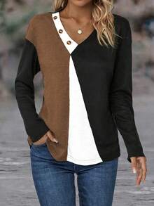 SHEIN LUNE Áo thun hở vai họa tiết nút bấm phối màu dành cho nữ - Cà phê nâu - Xem 6