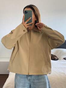 DAZY 小众设计实用夹克开衫短外套，女士常规夹克 - 卡其色 - 查看 6