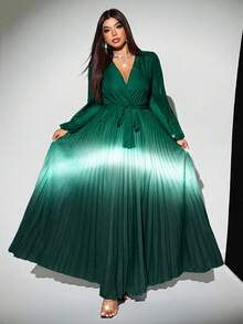 Viva Relle Đầm dự tiệc xếp ly cổ chéo ombre thanh lịch cỡ lớn cho nữ tay lỡ thắt nơ thắt lưng thắt nơ đa năng - Nhiều màu - Xem 4