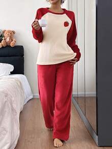 SHEIN 女士舒适撞色拼接草莓刺绣长袖上衣和裤子蓬松睡衣套装，秋冬草莓睡衣套装家居服女装 - 彩色 - 查看 6