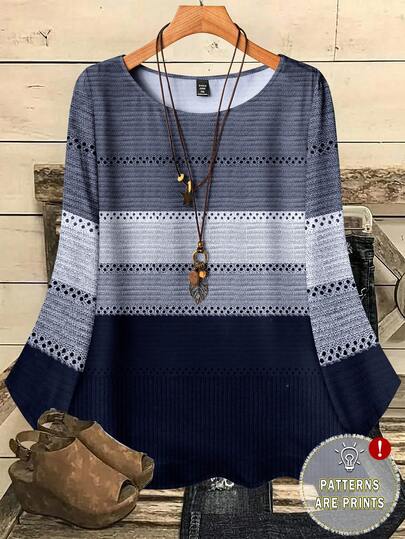 EMERY ROSE 大码女式休闲全身印花圆领宽松七分袖衬衫，秋冬