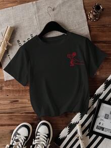 INAWLY 女士葡萄酒和奶酪俱乐部印花圆领T恤 - 黑色 - 查看 5