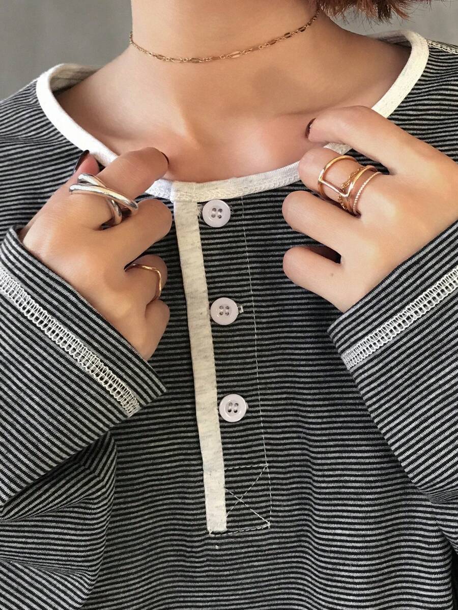 FRIFUL قميص كاجوال للنساء بأكمام طويلة وياقة مستديرة، مخطط، خريفي - رمادي - مشاهدة 1