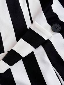 Maweii Bộ vest công sở thường ngày cho nữ cỡ lớn, cổ ve kẻ sọc, áo khoác dài tay và quần ống rộng - Đen và trắng - Xem 7