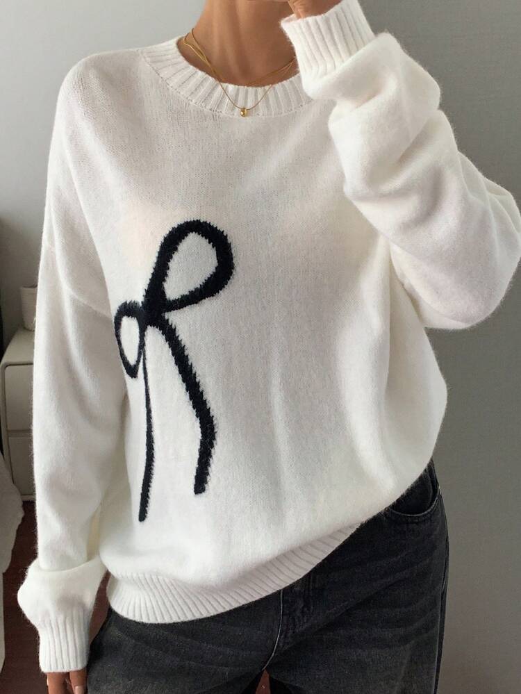 Cream-White Bow Knitted Sweater For Women, Loose Vintage Style, Autumn/Winter