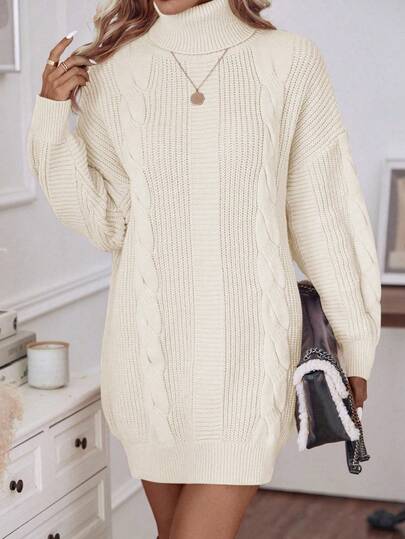 EMERY ROSE Women's Casual Everyday Commute Simple Solid Color High Neck Dropped Shoulder Loose Cable Knit Sweater Dress, Autumn/Winter Jumper Dress Winter Dress White Sweater Cream Dress