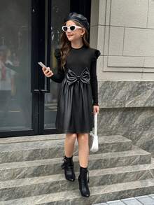 SHEIN 少女黑色针织拼接PU腰部修身长袖休闲日常时尚百搭连衣裙 - 黑色 - 查看 4