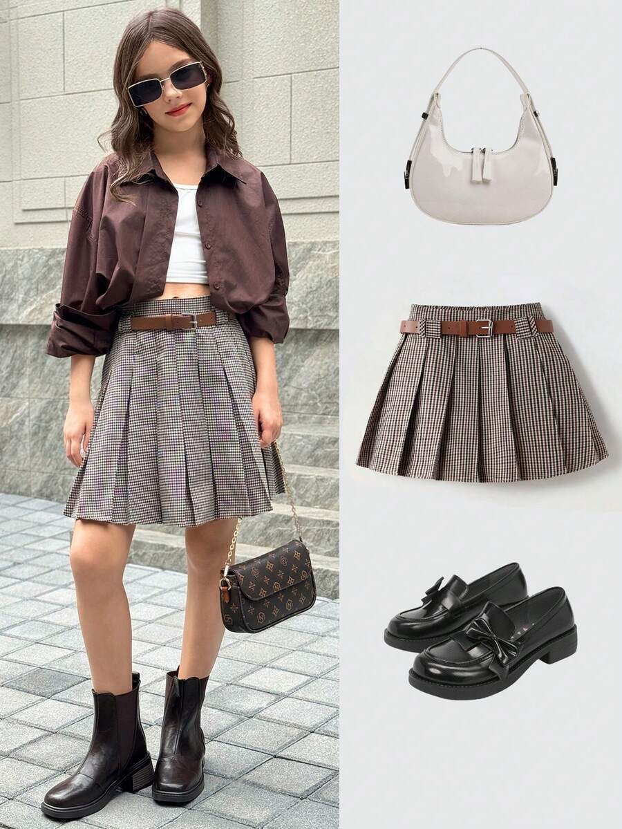 SHEIN 少女复古格子百褶裙，时尚休闲百搭日常装