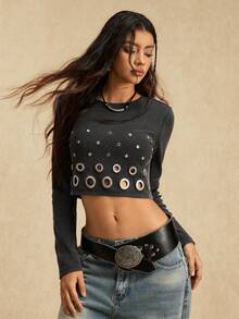 Easelle Áo thun bodycon cổ tròn tay dài thiết kế hở vai đan đen dành cho nữ - màu đen - Xem 1