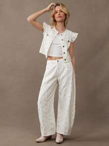 WESTFADE 圆领纽扣前襟荷叶边袖100%纯棉牛仔波点外套，可爱秋季上衣，适合秋季、冬季、圣诞节、节日、新年、新年、波西米亚风、休闲场合。 - 彩色 - 查看 3