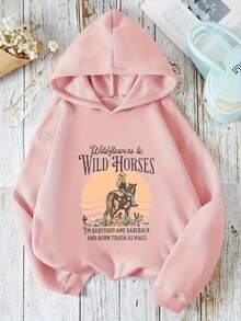 Sudadera hoodie capucha mujer dama grafica casual caliente calientita invierno sport estampada estampado vaquera vaquero western caballo atardecer letras frase cursiva viejo oeste frio femenino cómodo versátil uso diario casa cálido abrigador resistente estilo manga larga linda escuela school cool moderna juvenil dia noche otoño - Rosa - Ver 1