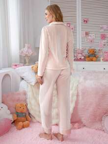 PetitDoll 撞色滚边口袋长袖上衣和裤子天鹅绒浅粉色柔软睡衣套装，舒适冬装 - 淺粉色 - 查看 2