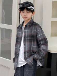 Dazy Kids 男童宽松休闲格子衬衫，秋冬季 - 灰色 - 查看 5