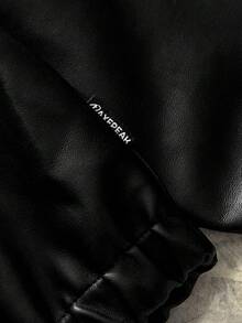 AXEPEAK Men's Autumn Fashionable Street Flame Embroidery Zip-Up PU Leather Long Sleeve Jacket - Black - View 7