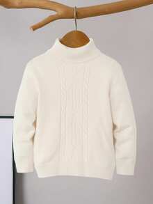 1件男童休闲舒适纯色宽松高领毛衣，可作内搭或外穿 - 杏色 - 查看 3