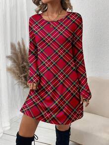 SHEIN LUNE Đầm ngắn tay dài cổ tròn kẻ caro dành cho nữ, kiểu dáng thường ngày. - Nhiều màu - Xem 4