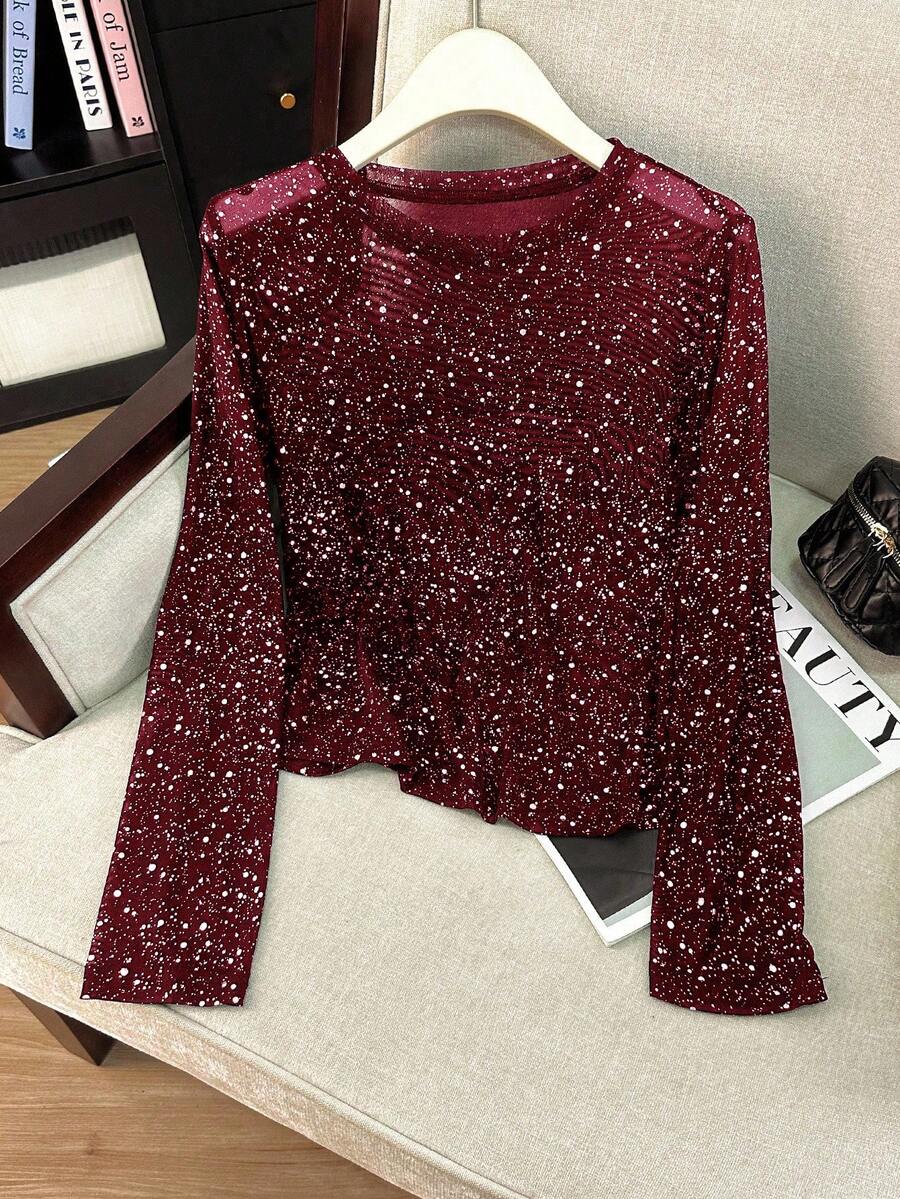 Franclia Red Round Neck Mesh Patchwork Long Sleeve Top, Metallic Foil - Burgundy - View 1