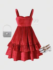 Sparklyn Tween GirlsRed Velvet Spaghetti Strap Ruffle Hem Christmas Party Elegant Cute Dress, Suitable For Occasions Dress Red Ruffle Dress Bow Dresses Velvet Dress Elegant Dress - Red - View 2