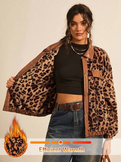 SHEIN VCAY Chaqueta de piel sintética de leopardo de talla grande, informal, chaqueta con estampado de leopardo para otoño/invierno, chaqueta con estampado de guepardo, cálida y cómoda chaqueta esponjosa, adecuada para salidas, temporada de otoño, Acción de Gracias, Año Nuevo, Invierno
