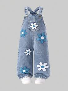 SHEIN Quần yếm denim giặt cho bé gái, bộ đồ liền thân rộng rãi in hoa - Màu xanh lam - Xem 5
