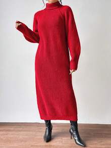 SHEIN Clasi 休闲纯色高领长款针织连衣裙，秋冬季 - 紅色 - 查看 6