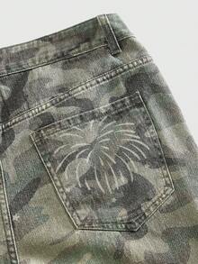 ROMWE MEN Grunge Punk Men's Casual Retro Camouflage Print Denim Jeans