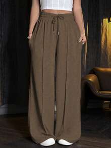 SHEIN Unity Women's Espresso Brown Casual Loose Fit Sweatpants,Drawstring Waist Solid Color Winter Lounge Pants,Fall Back To School Outfits,Teacher Graduation - Mocha Brown - View 4