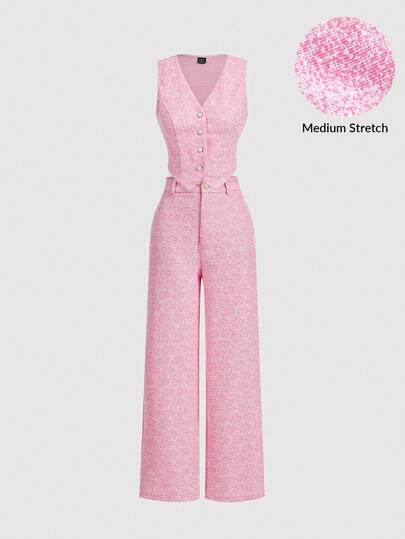 SHEIN MOD Rosa västtopp, byxor med raka ben, eleganta kostymset för damer, klänningsset för damer, kavajjacka och byxor, tidig höstoutfit Back To School Preppy-tröjor 2 st Set Byxor Old Money Style