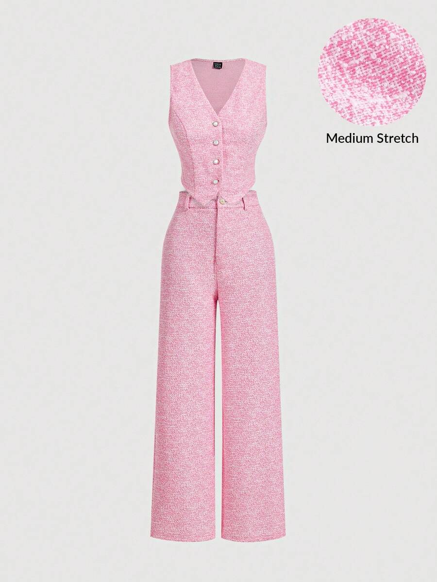 SHEIN MOD Pink Vest Top, Straight Leg Pants, Ladies Elegant Suit Set, Trim Women's Suit Set, Blazer Jacket And Pants, Early Autumn Outfit Back To School Preppy Tops 2pcs Set Pants Old Money Style - Baby Pink - View 1