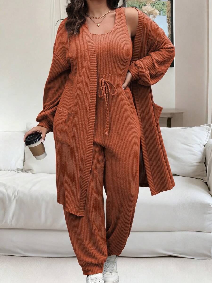 Vionelle 大码女式纯色落肩长袖外套和腰带连体裤休闲两件套 - 橘色 - 查看 1