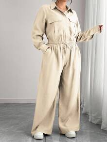 Elenzga 大码女式法式浪漫西西里优雅休闲通勤度假纯色棕色衬衫领隐形门襟松紧下摆长袖衬衫+松紧腰工装裤套装，春/秋/冬 - 杏色 - 查看 6