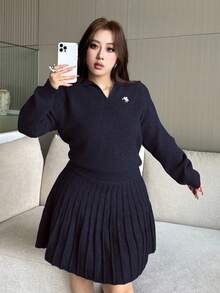Vibekara Autumn/Winter New Plus Size Women Knitted Casual Solid Color Embroidery Lapel Simple Long Sleeve Sweater Top & Skirt Suit, Versatile 2 Piece Skirt Sets Woman Navy Blue Outfit Women Pleated Skirt Set Tennis Skirt Set Plus Sweater Sets For Women - Royal Blue - View 5