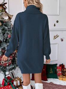 EMERY ROSE Oversized Casual Midi Sweater Dress With Funky Reindeer Pattern, Cozy Turtleneck And Lantern Sleeves, Fashionable And Age-Reducing, Suitable For European And American Christmas Atmosphere, Autumn/Winter