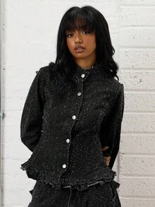 COUREZ Fitted Denim Jacket With Frill Detail In Textured Pulled Denim /Y2K Going Out Outfits  Women Clothes Spring Clothes For Women Gothic Set Club Outfits Women Sexy - Black - View 4