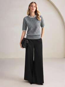 BizChic 女士圆领撞色滚边麻花针织毛衣，优雅百搭，适合感恩节、圣诞节、新年派对、婚礼宾客等场合，休闲时尚，基础款外套。 - 灰色 - 查看 3